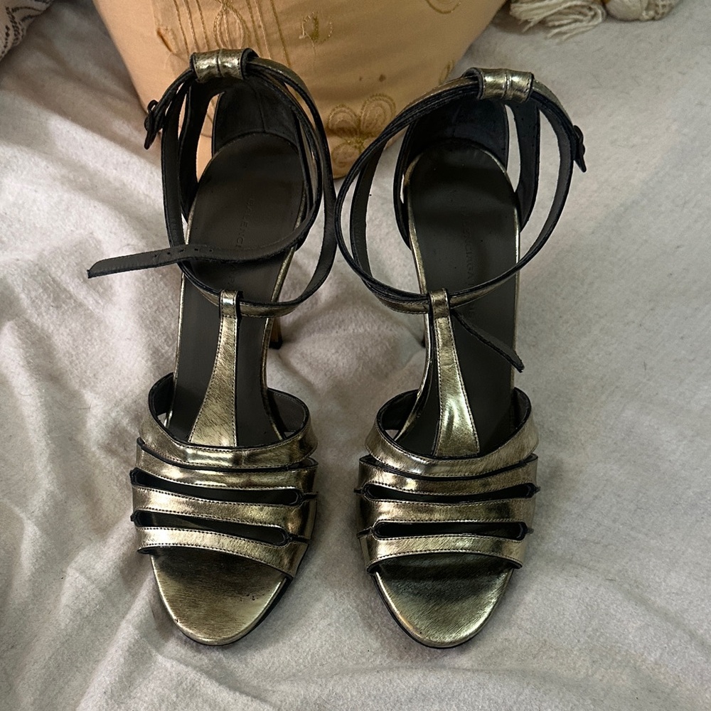 Balenciaga Metallic Gold Strappy Heels
